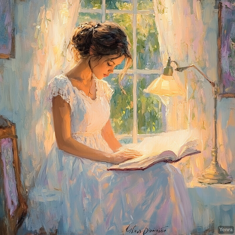 A young girl sitting by a window, reading a book in a serene and idyllic scene