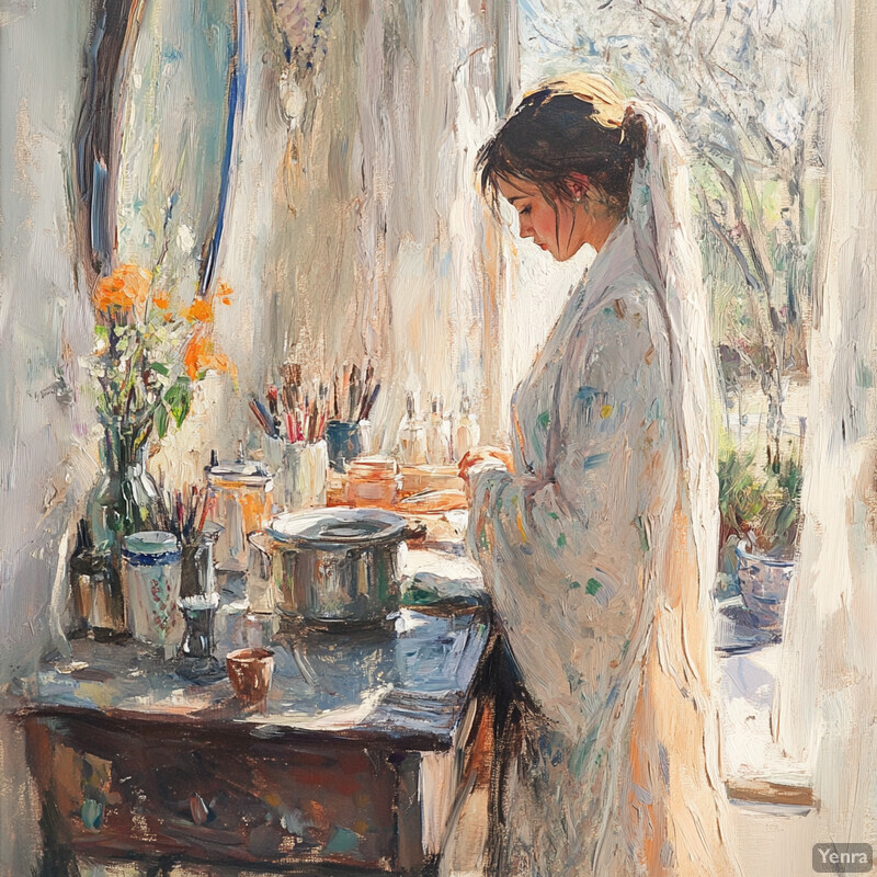 A serene painting of a woman standing in front of a table, surrounded by various objects, exuding calmness and serenity.