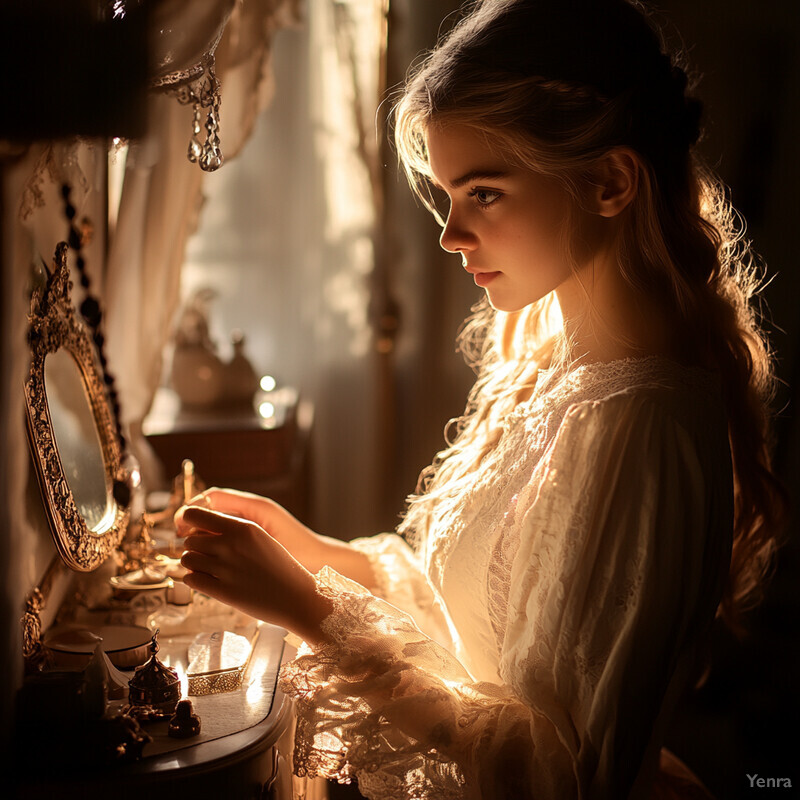 A young girl prepares for a special occasion in front of a vanity mirror.