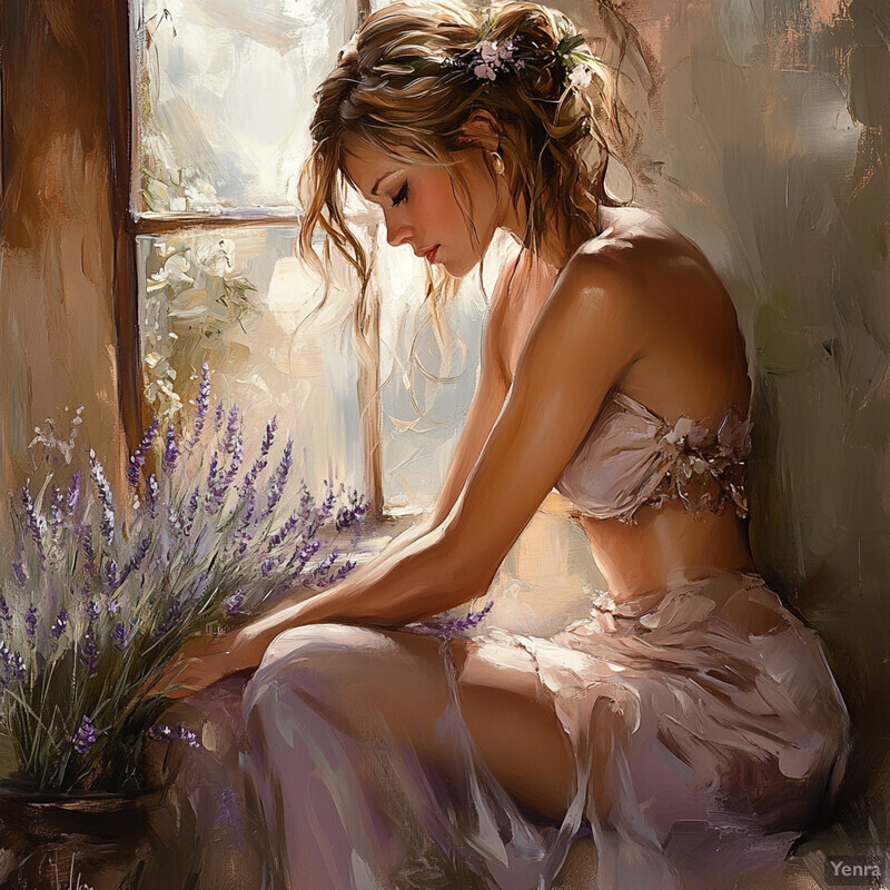 Serene painting of a woman surrounded by lavender and sunlight