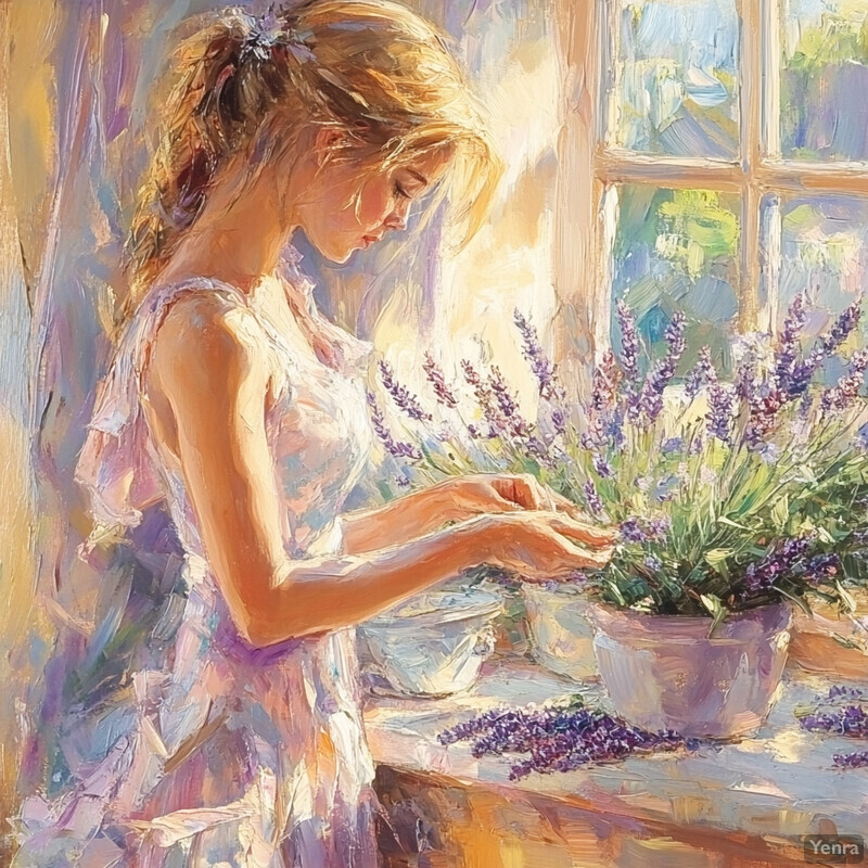 A woman arranging flowers by a window