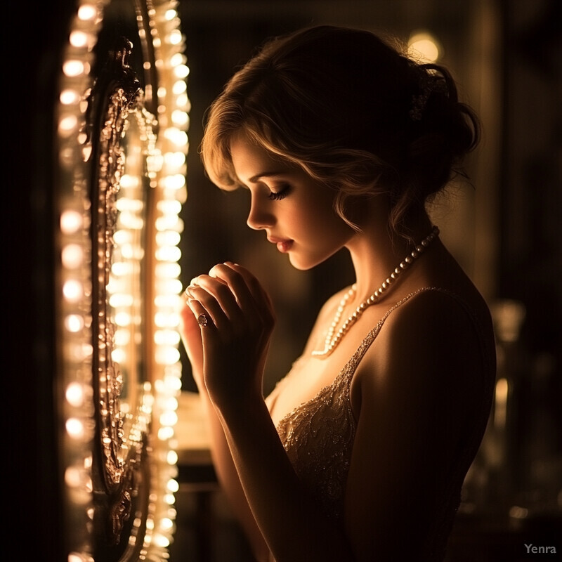 A woman in a gold dress stands in front of a mirror, illuminated by string lights, with a serene and confident expression.