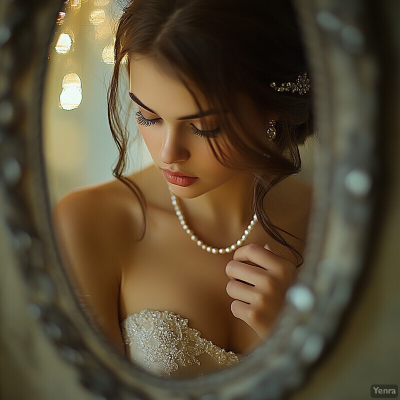 A woman in a wedding dress reflected in an ornate mirror