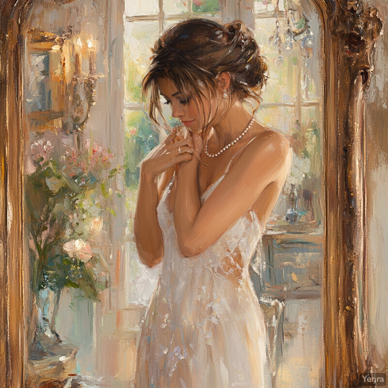 A woman stands in front of an ornate mirror, lost in thought as she gazes at her reflection.