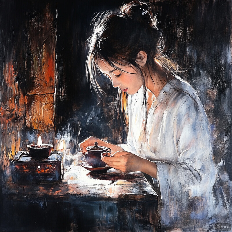 A woman in a serene setting, possibly meditating or making tea, surrounded by candles and incense.