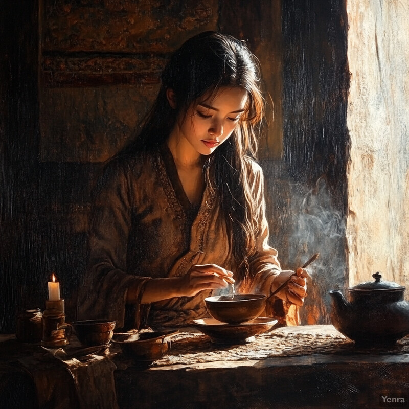 A serene and intimate scene of a woman engaged in daily activities within a dimly lit room.