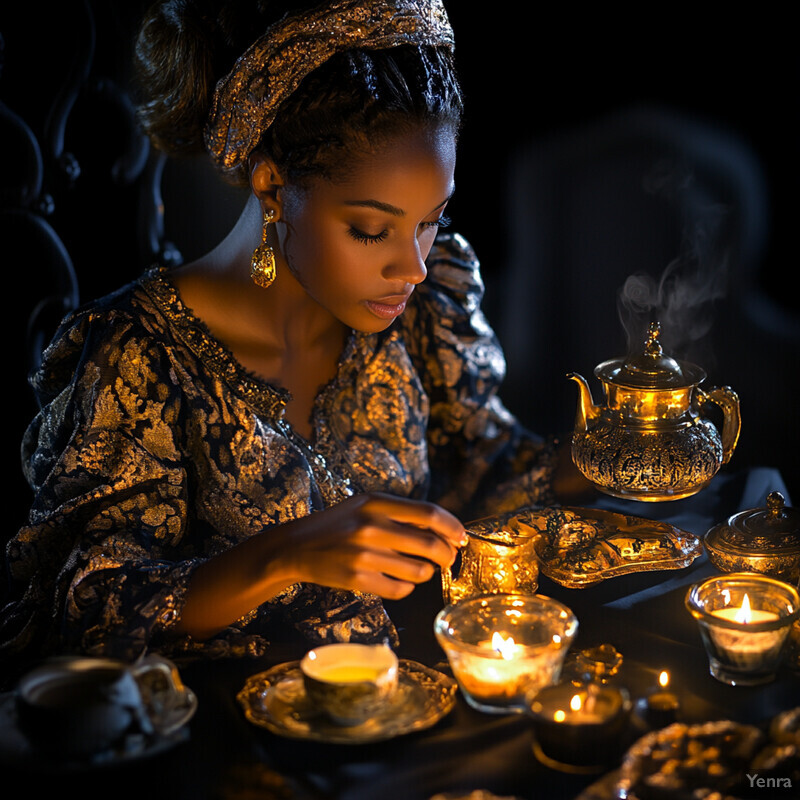 Woman enjoying tea at an ornate table