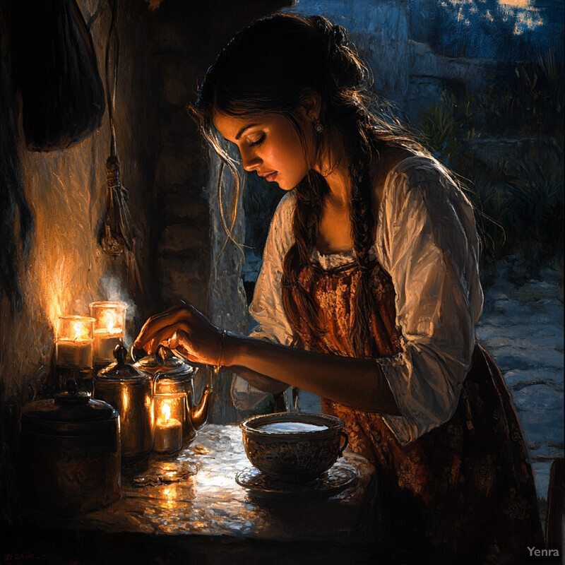 A serene and intimate scene of a woman engaged in a quiet ritual