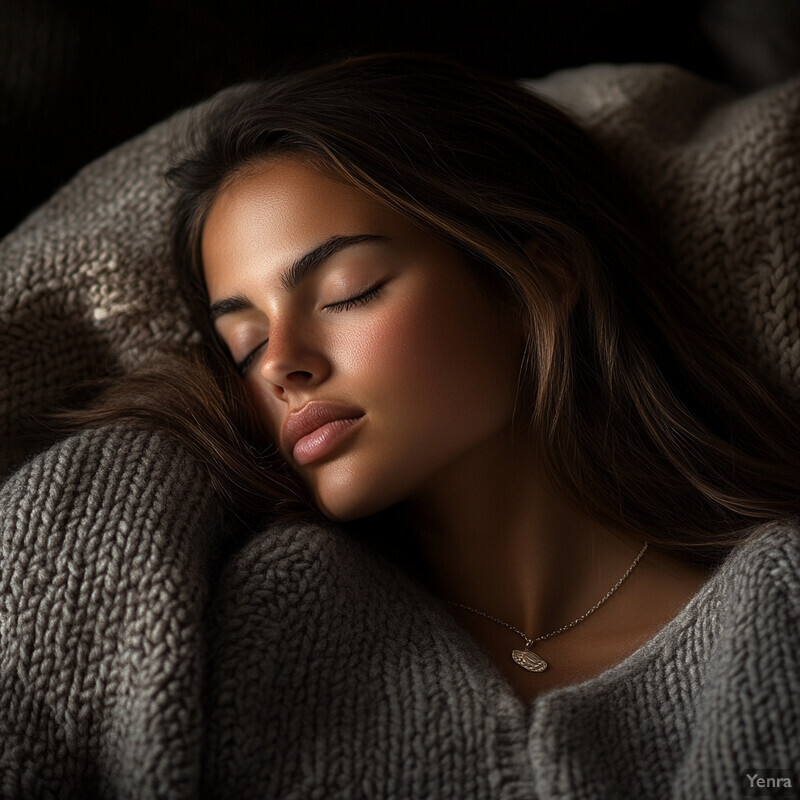 A woman reclines on her side with her head resting on a pillow or cushion, surrounded by a dark background that accentuates the soft lighting.