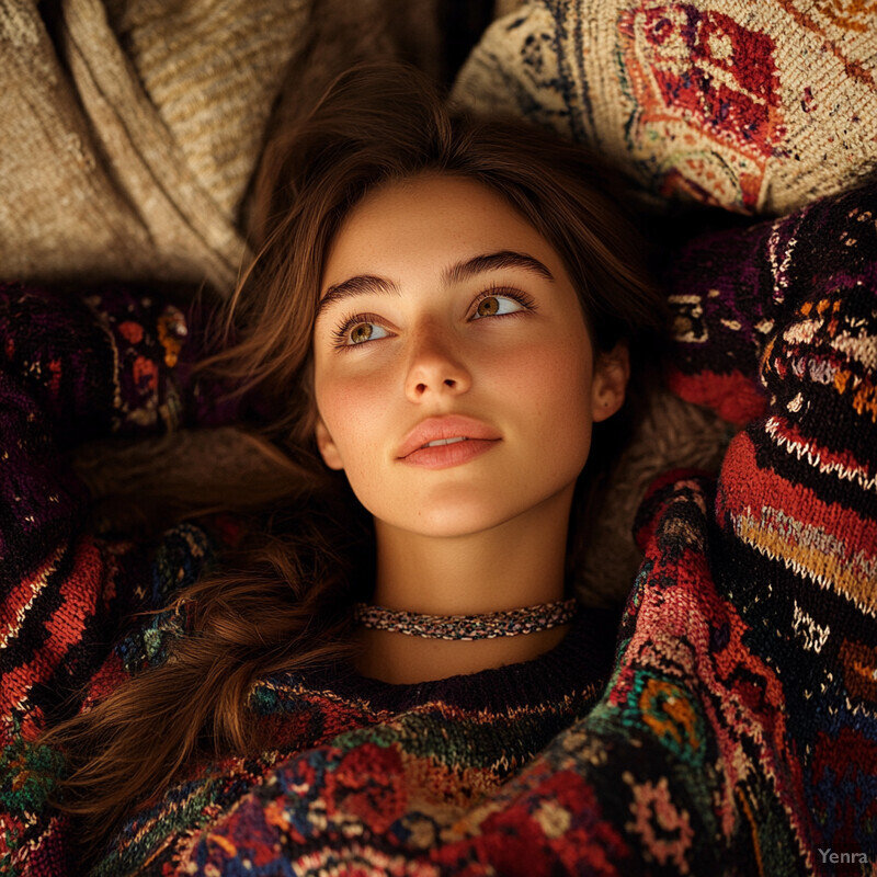 A young woman reclines on a vibrant rug or blanket, surrounded by pillows, exuding serenity and calmness.