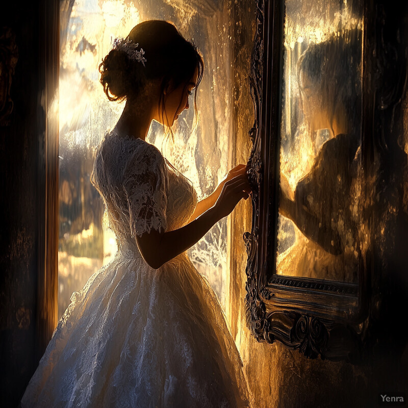 A woman in a white wedding dress gazes at her reflection in an ornate mirror