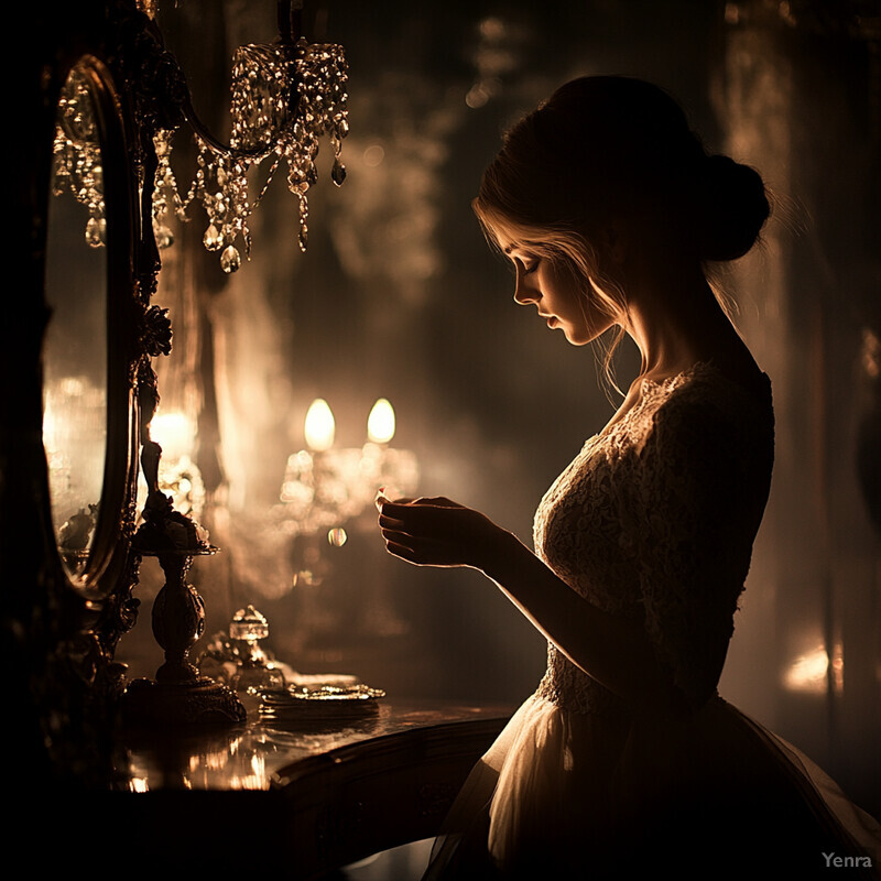 A woman in a white dress stands in front of a mirror, surrounded by candles and flowers.