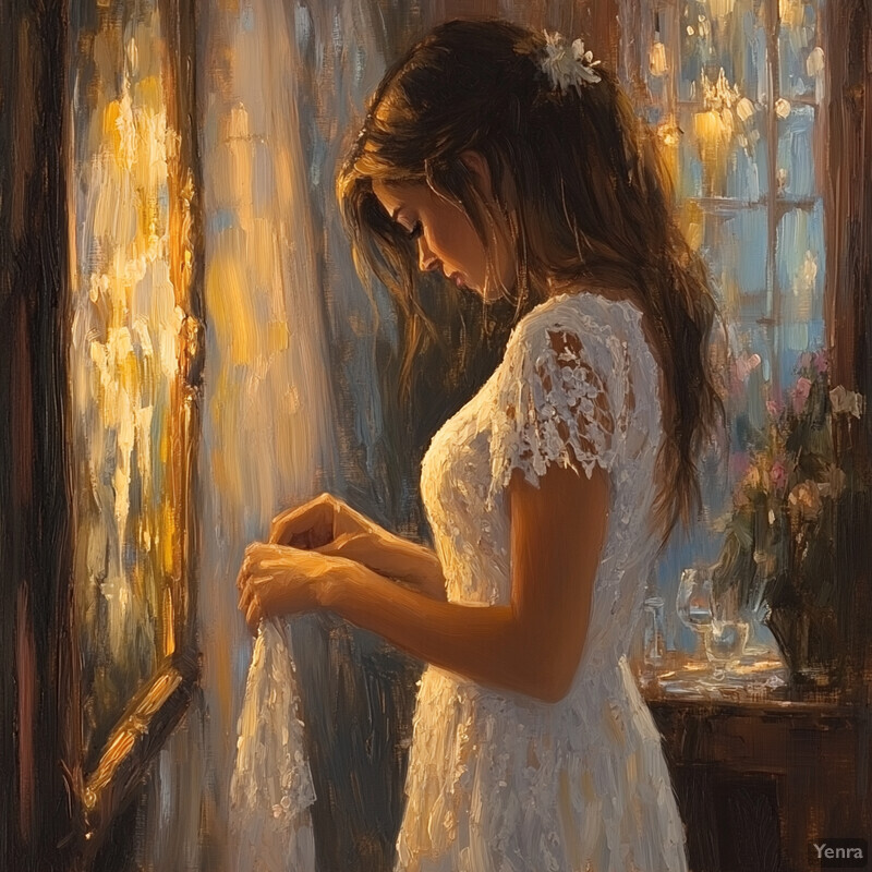 A serene and intimate scene of a woman standing in front of a mirror, gazing at her reflection.