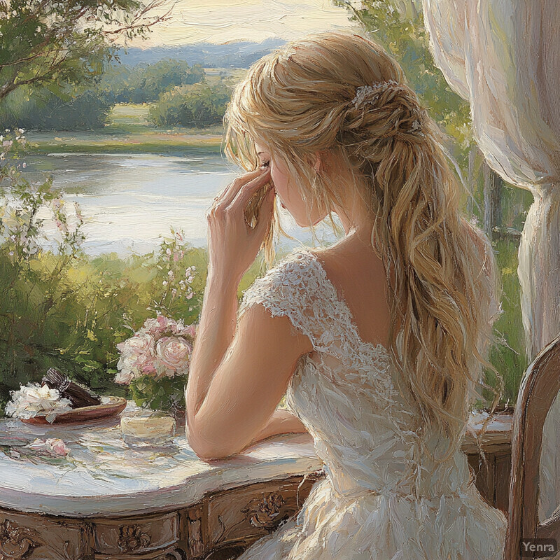 Serene woman sitting at table overlooking river