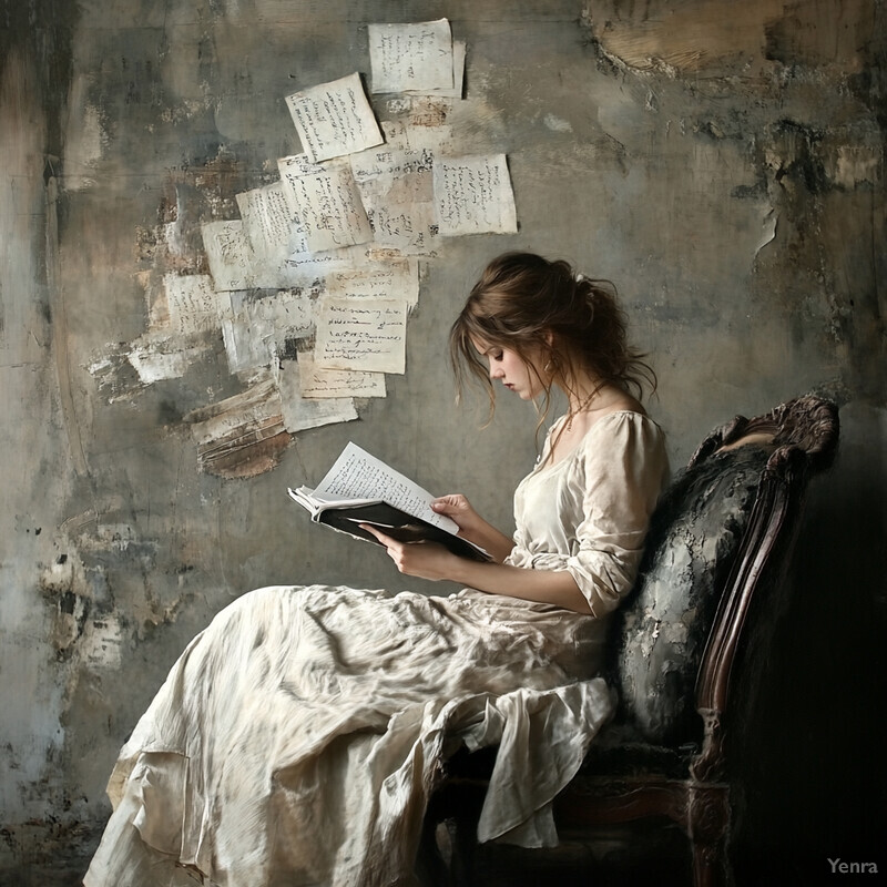 A woman sits in a chair, engrossed in reading a book.