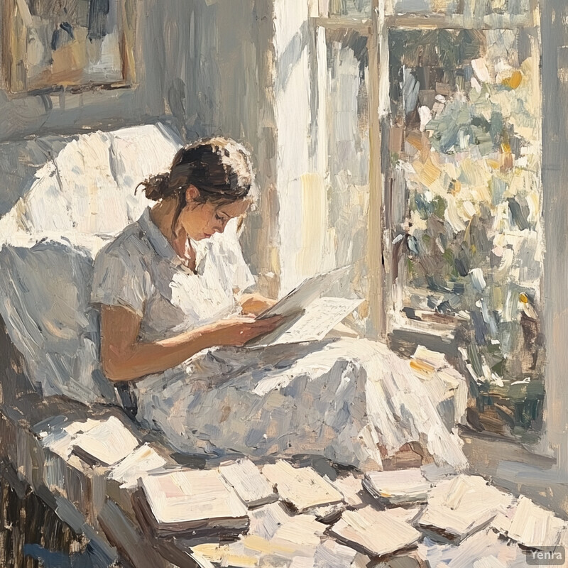 A woman sits comfortably in an armchair beside an open window, surrounded by papers and books, lost in thought as she reads or writes.