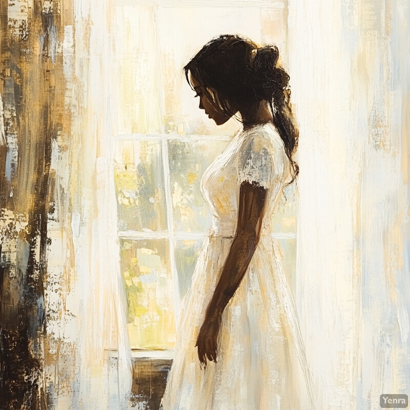 A serene painting of a woman standing in front of a window, gazing out at the bright light outside.