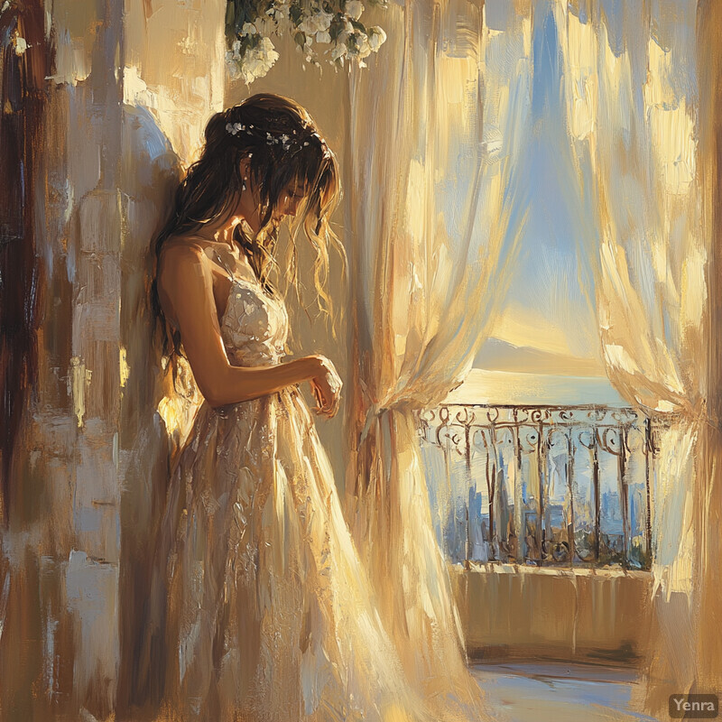 A woman stands on a balcony overlooking the ocean, dressed in a white floral dress with long brown hair adorned with flowers. She gazes out at the view, lost in thought.