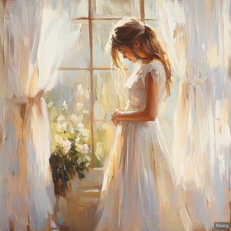 A woman in a white dress stands by a window, exuding calmness and contemplation.