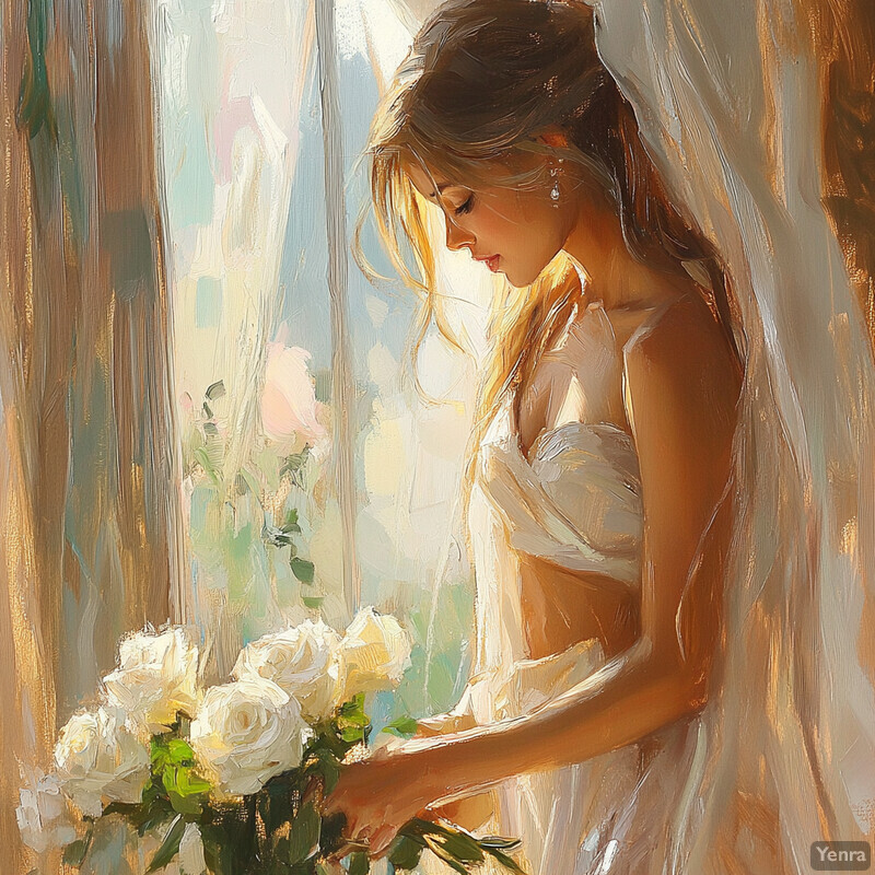 A serene and elegant scene of a woman in a white wedding dress standing by a window