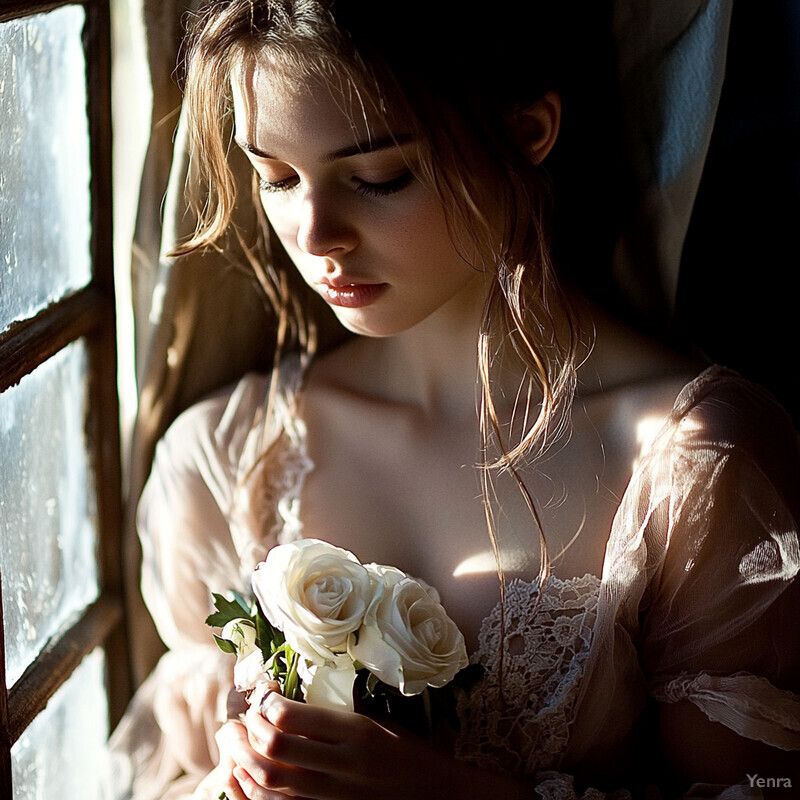 A young woman stands by a window, holding a bouquet of white roses and looking down at them with a gentle expression.