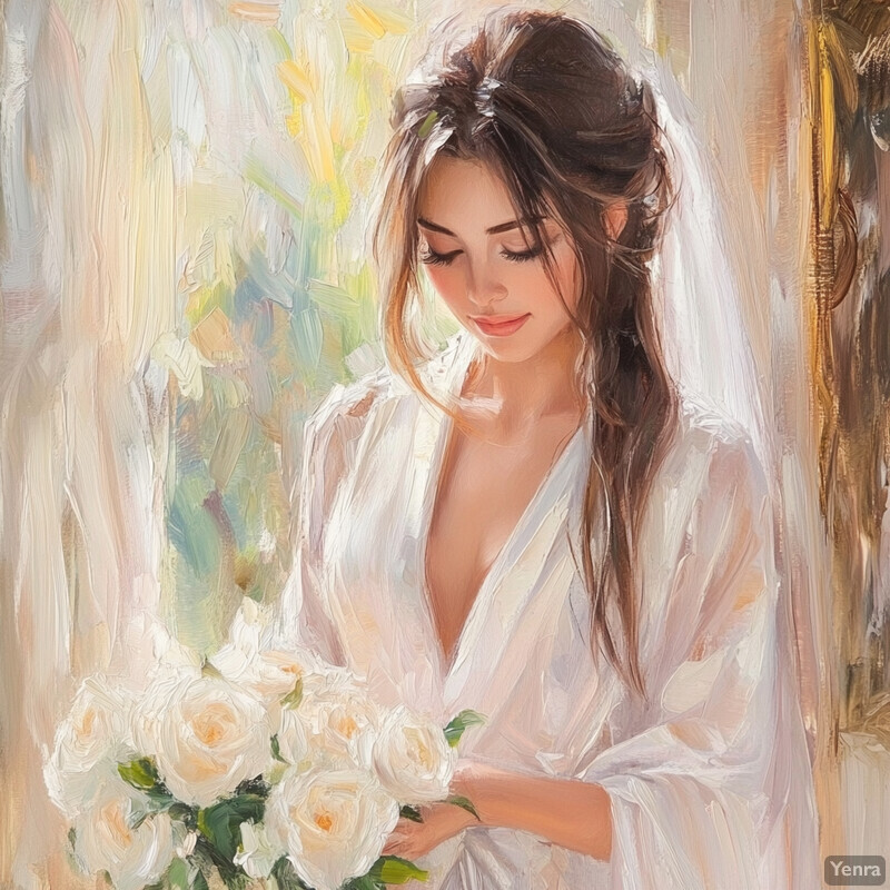 A woman in a white wedding dress holds a bouquet of white roses, exuding calm and elegance.