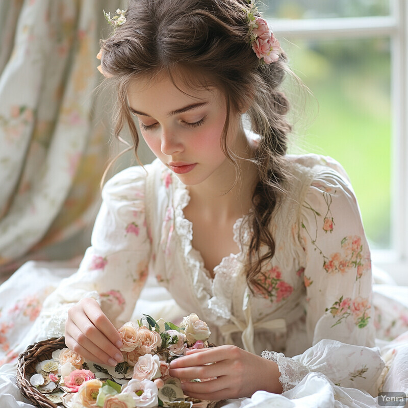 A young woman sits by a window, surrounded by buttons and fabric scraps, wearing a white dress with pink floral patterns.