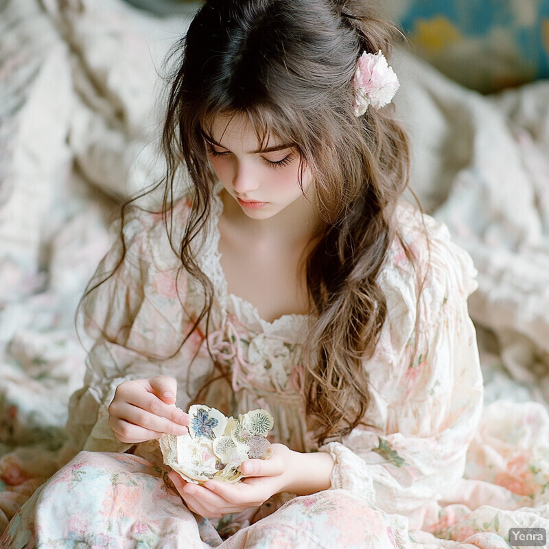 A young girl sits on a bed or couch, looking down at something in her lap.