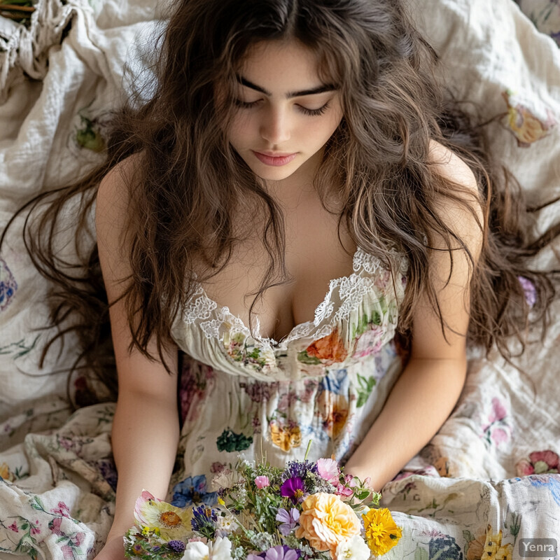 A young woman with long brown hair sits on a bed or couch, surrounded by flowers, exuding serenity and tranquility.