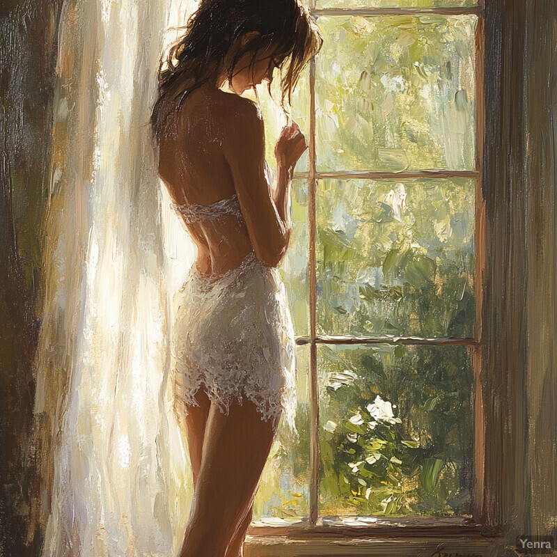 A woman in a white lace dress stands by a window, lost in thought as she gazes out at the lush greenery outside.