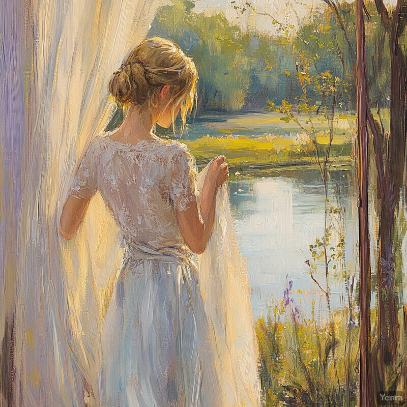 A woman stands by a body of water, surrounded by lush greenery and trees.