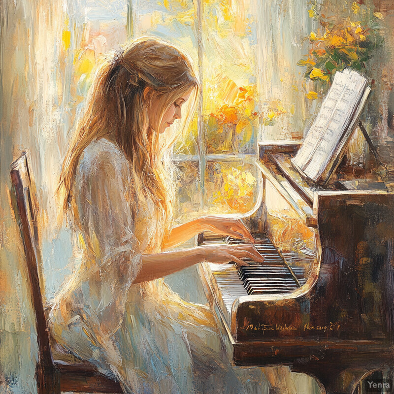 A woman plays the piano in front of a window with yellow leaves outside, exuding a sense of tranquility and relaxation.