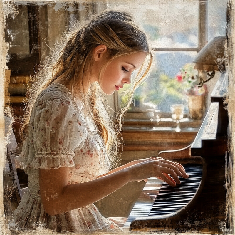 Woman playing piano in cozy room