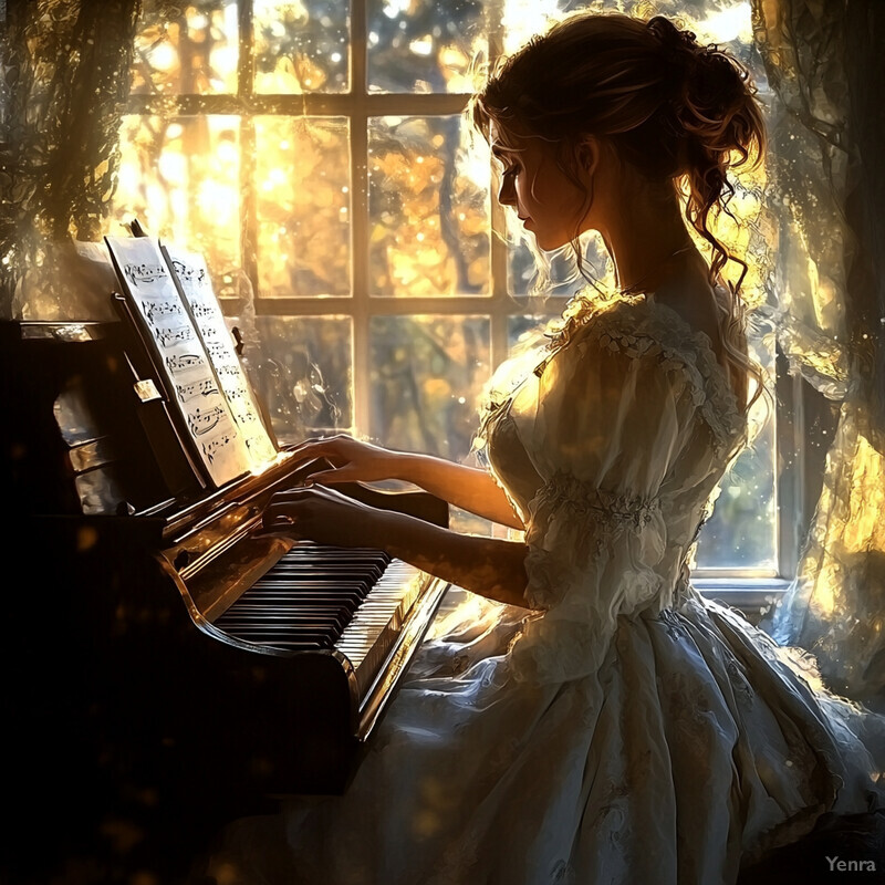 A woman plays the piano in front of a window with a view of trees outside.