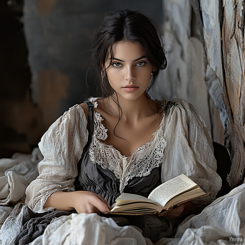 A young woman sits calmly in front of a gray wall, surrounded by white fabric and holding an open book.