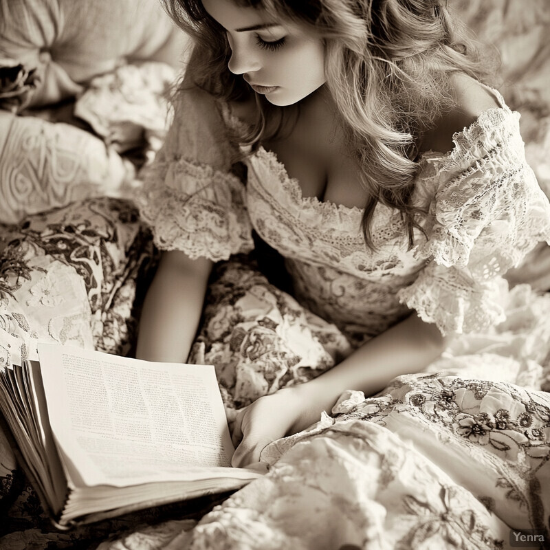 A sepia-toned photograph of a woman reading a book on a couch or bed.