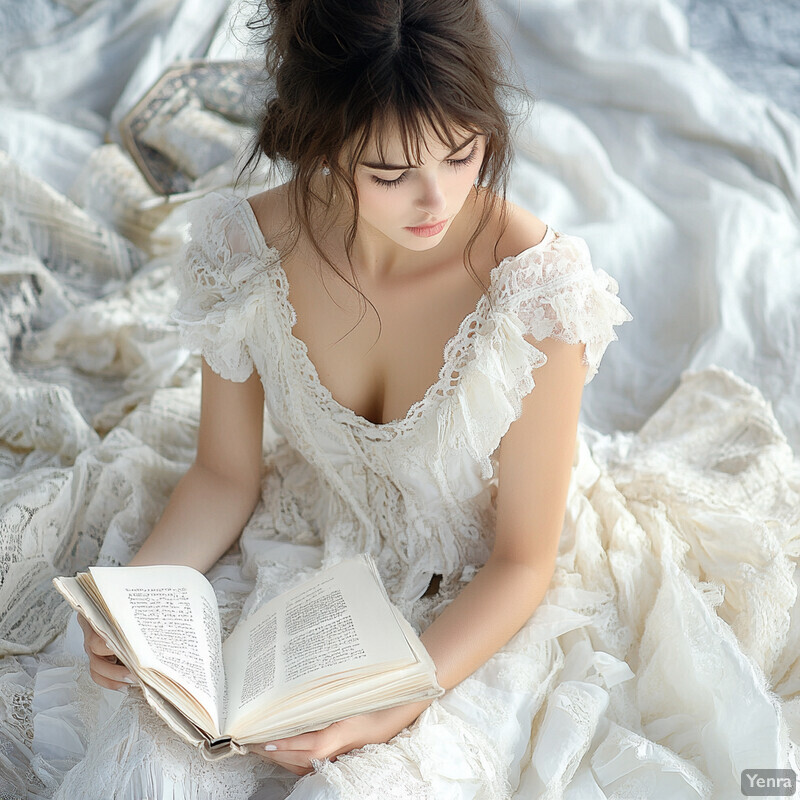 A woman reads a book on her bed, surrounded by rumpled sheets and pillows, with a glass vase holding white flowers on a nearby table.