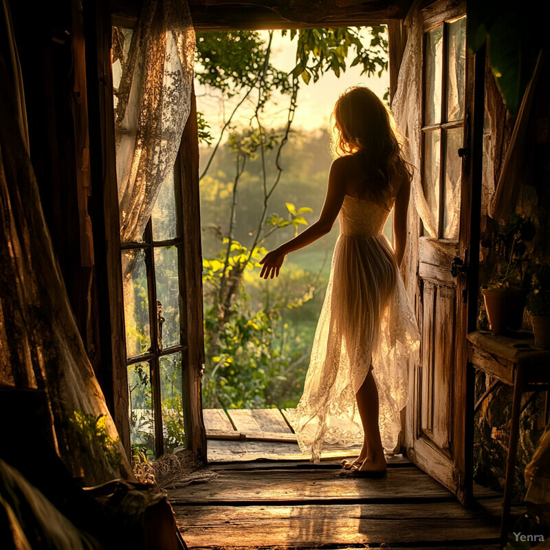 A woman stands in an open doorway, gazing out at the lush greenery beyond.