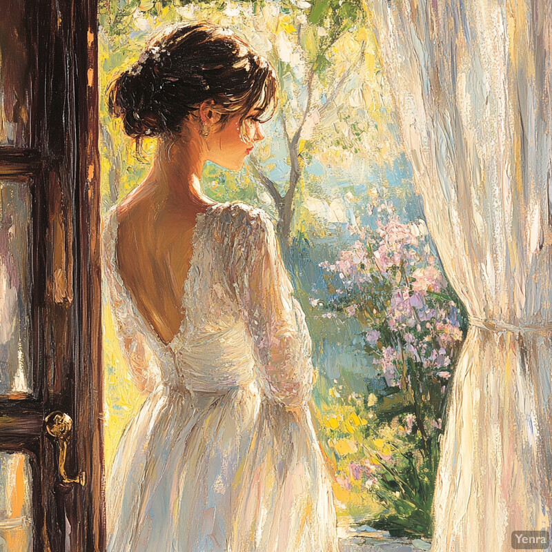 A serene and intimate scene of a woman standing in front of an open window, surrounded by lush greenery outside.