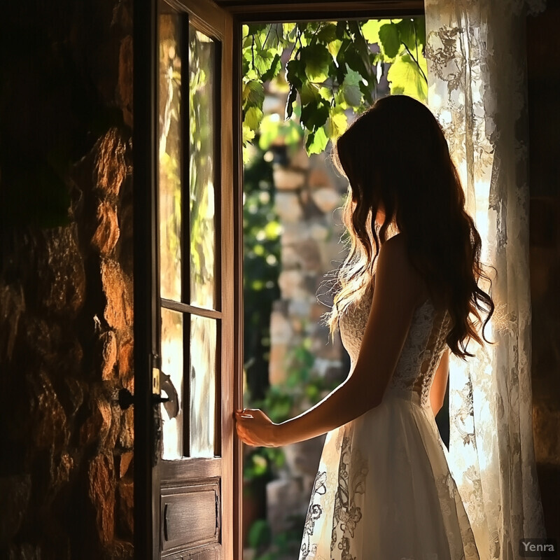 A woman stands in front of an open door, gazing out at something outside.