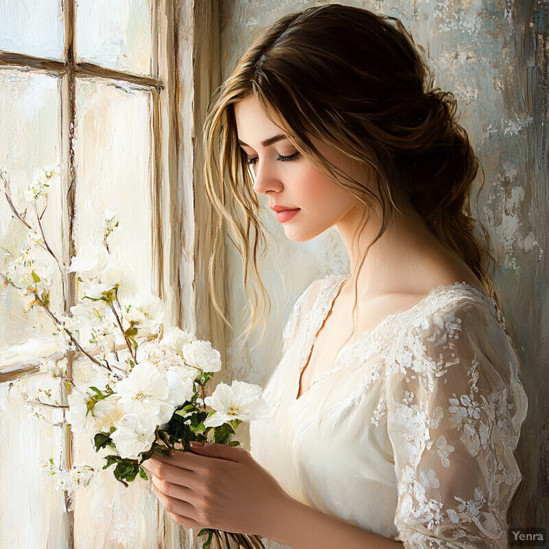 A young woman admires a bouquet of white flowers by a window