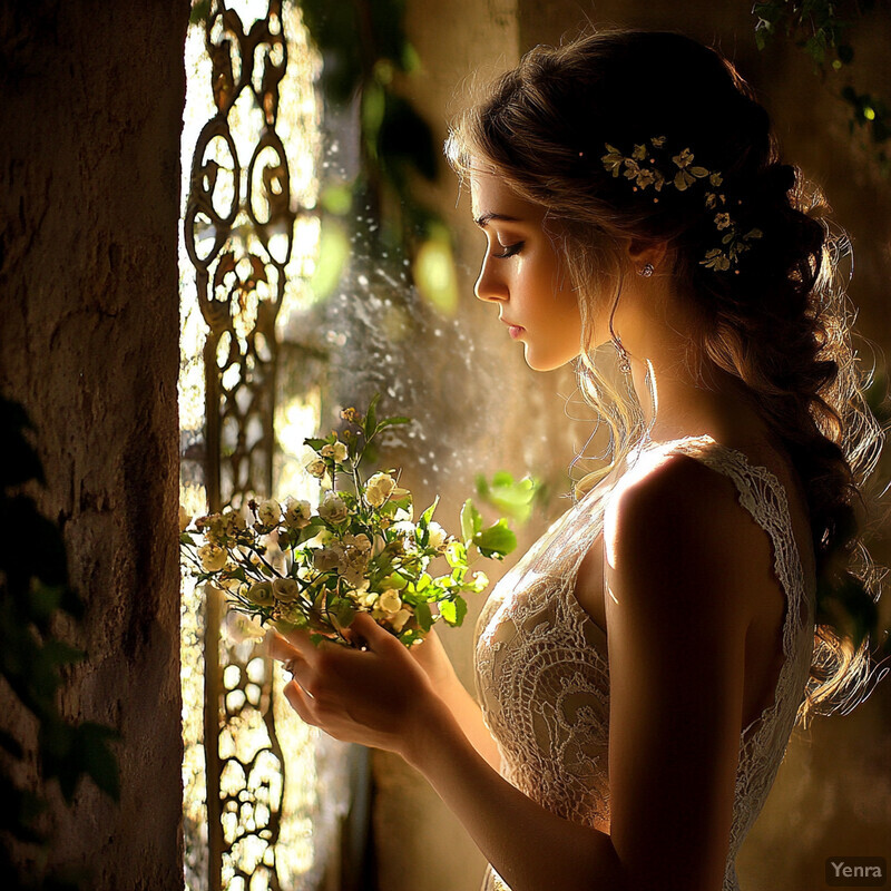 A woman in a wedding dress stands by a window, surrounded by greenery, lost in thought.