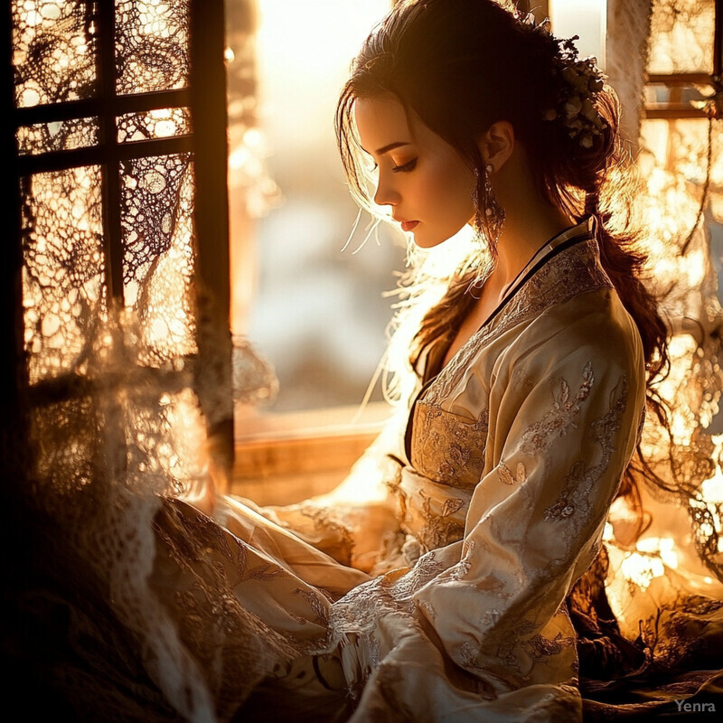 A woman sits by a window, lost in thought, surrounded by lace curtains and a delicate flower crown.