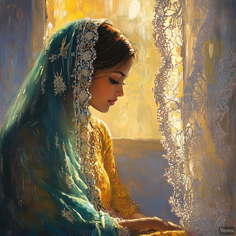 A serene painting of a woman sitting in front of a window, lost in thought.