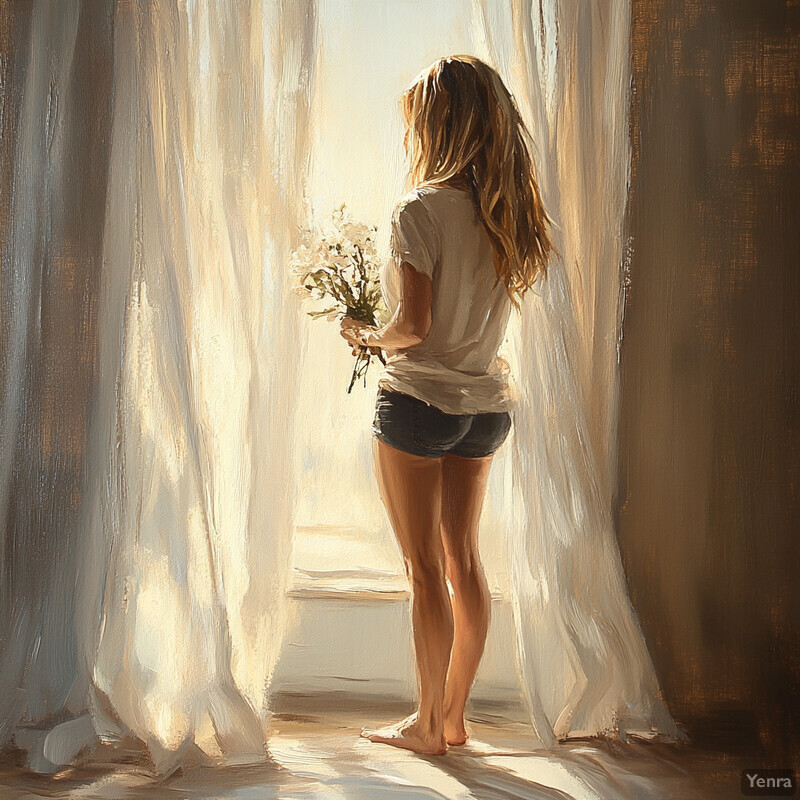 A serene painting of a woman standing in front of an open window, gazing out at the sunlight.