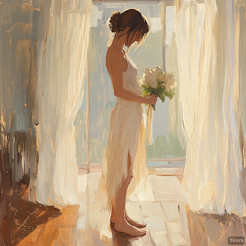 A serene and intimate moment captured in an oil painting