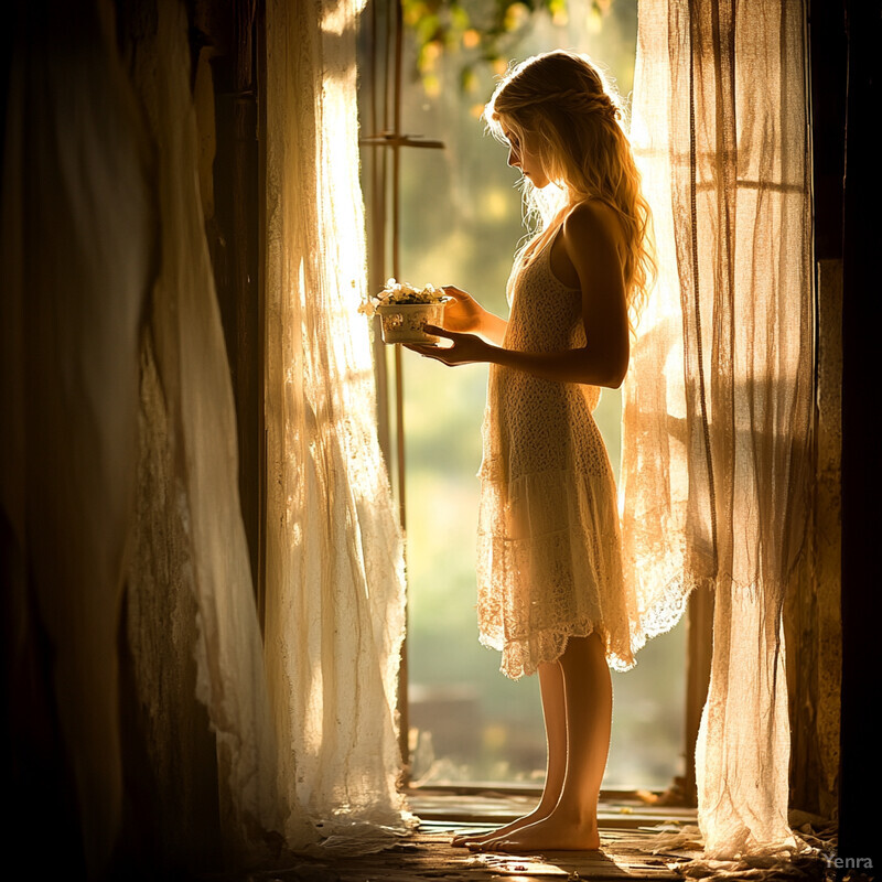 A serene scene of a woman standing by a window, surrounded by soft golden light, holding a basket of flowers.