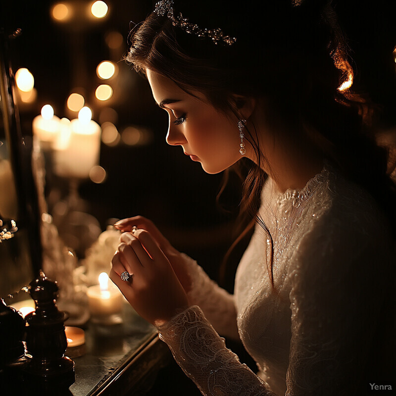 Woman in white wedding dress praying in front of mirror