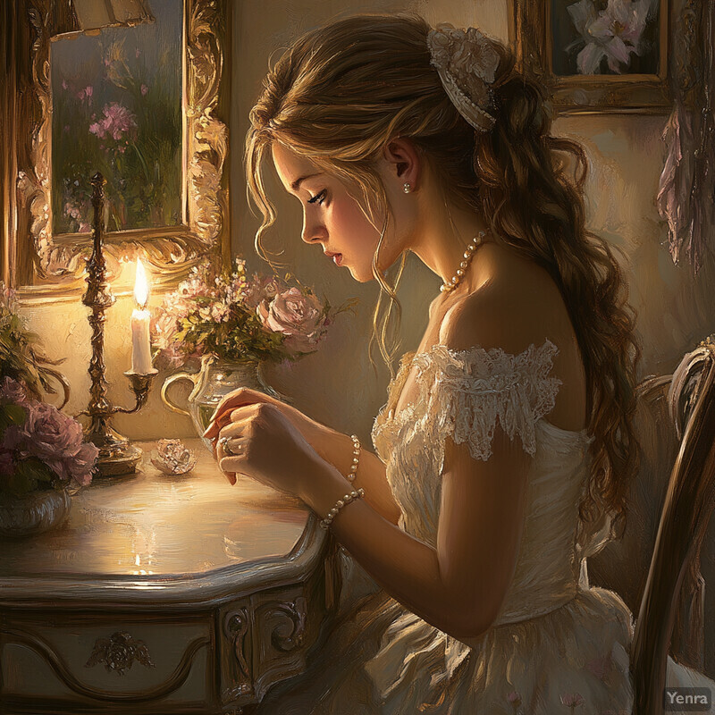 A woman sits at a table surrounded by elegant objects, lost in thought with a serene expression.