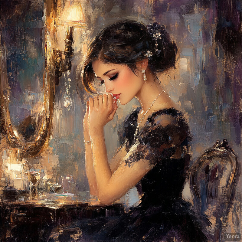 A woman in a black dress applies makeup at a vanity, lost in thought